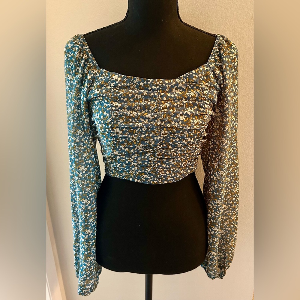 Altar'd State Blue Floral Ruched Blouse top